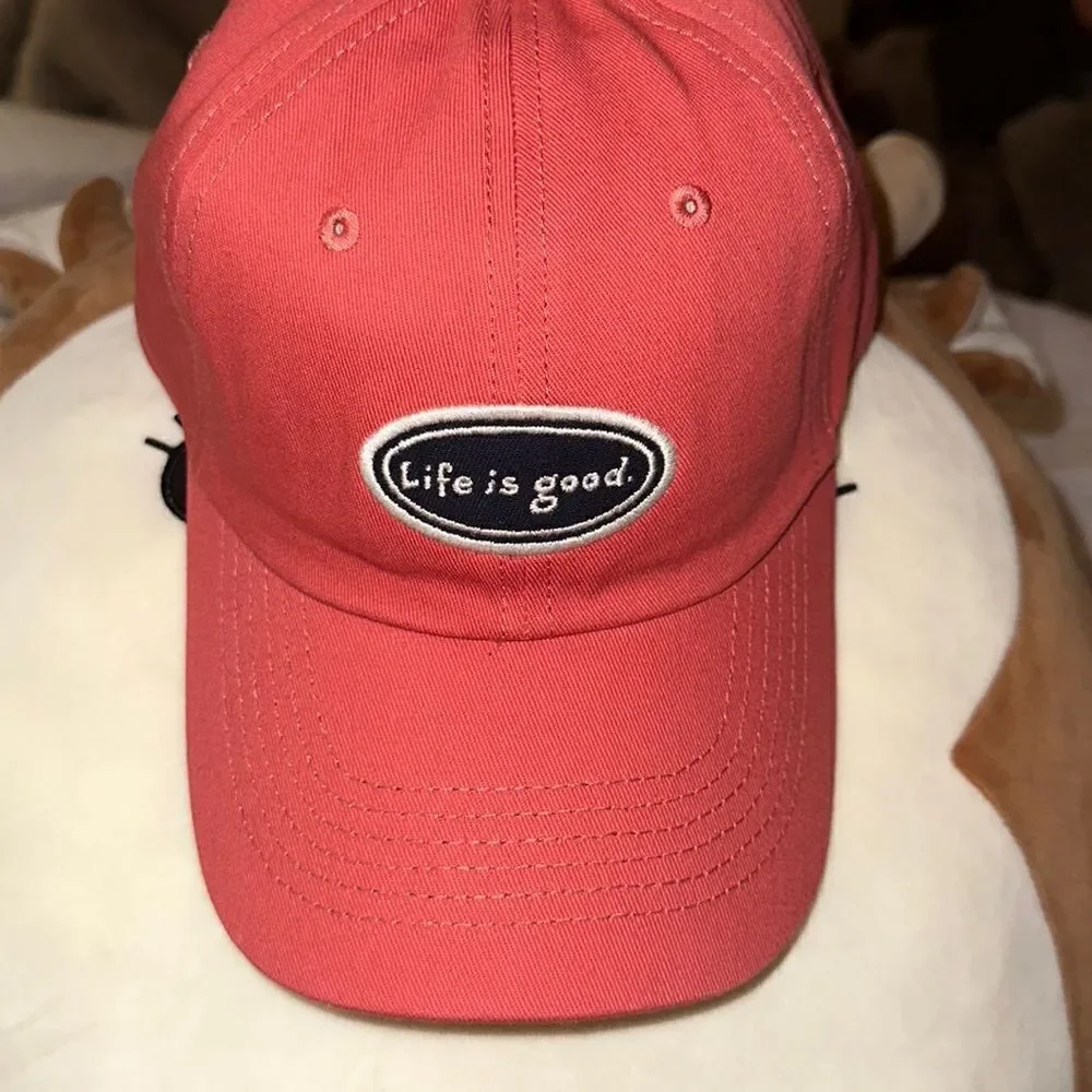 LIFE IS GOOD Coral Pink Navy White Embroidered Tattered Chill Cotton Cap